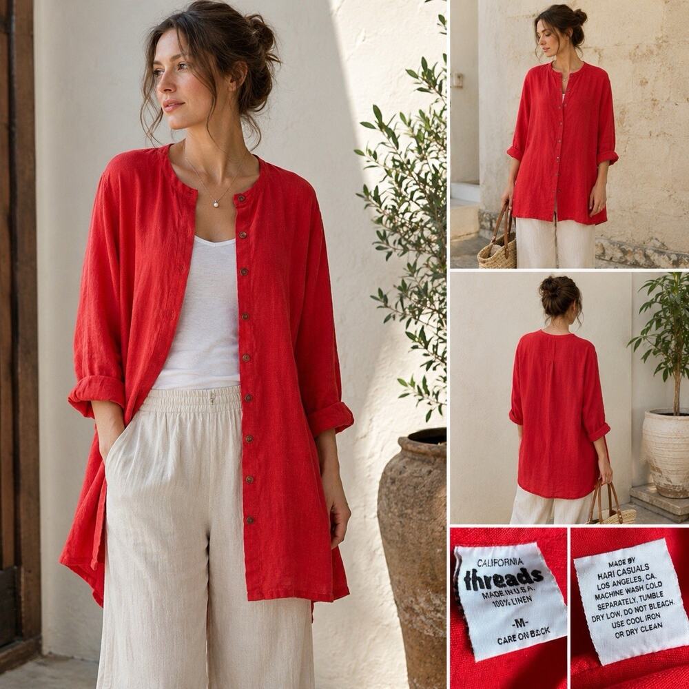 Vintage California Threads Red 100% Linen Long Shirt Tunic Old Money M Made USA